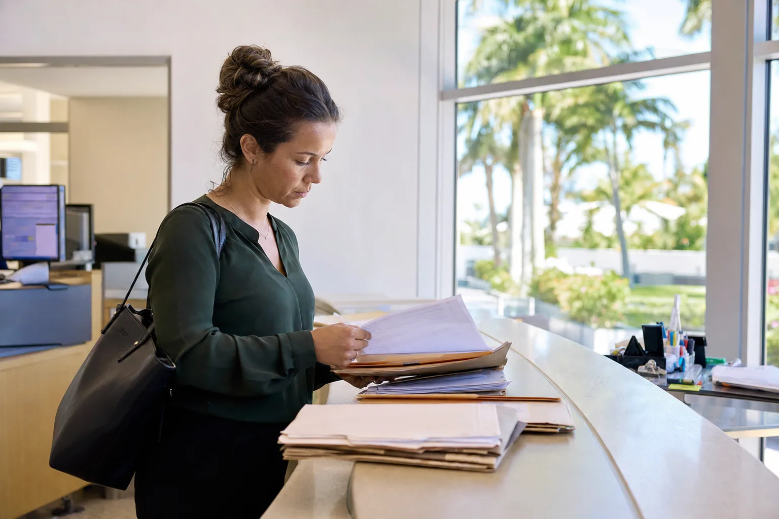 A closing agent reviewing folders of property records at a counter in a Florida municipal office